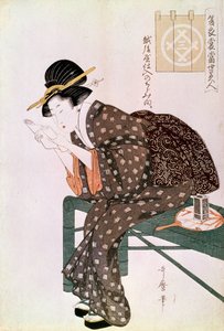 Kvinna som läser. Gjord med en crepe av Echigoya. Summer Ensemble Series: Beautes of our time.”” Japanskt tryck av Utamaro Kitagawa (1753-1806). 1804-1806. Dämpa. 0,37x0,25 m. Paris, Guimet Museum, Asian Arts Museum av Kitagawa Utamaro