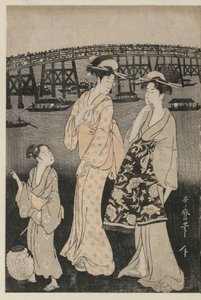 Kvinnor som njuter av den svala kvällen nära Ryogoku-bron av Kitagawa Utamaro