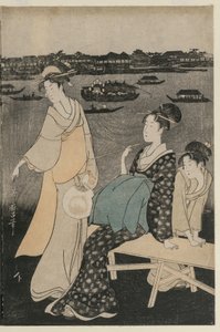 Kvinnor som njuter av den svala kvällen nära Ryogoku-bron av Kitagawa Utamaro