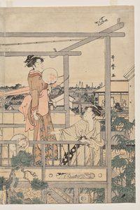 Kvinnor hänger tvätt för att torka på en balkong av Kitagawa Utamaro