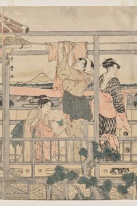 Kvinnor hänger tvätt för att torka på en balkong av Kitagawa Utamaro