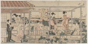 Kvinnor som hänger tvätt för att torka på en balkong, tidigt 1790-tal. av Kitagawa Utamaro