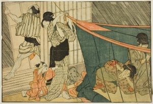 Kvinnor inuti ett myggnät under ett åskväder, från den illustrerade boken "Picture Book: Flowers of the Four Seasons (Ehon shiki no hana)," vol. 1 av Kitagawa Utamaro