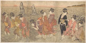 Kvinnor som dyrkar den uppgående solen mellan tvillingklipporna vid Ise av Kitagawa Utamaro