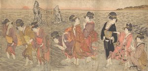 Kvinnor som dyrkar den uppgående solen mellan tvillingklipporna vid Ise, sent 1700-tidigt 1800-tal. av Kitagawa Utamaro