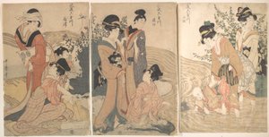 Kvinnor och barn på stranden av en bäck av Kitagawa Utamaro