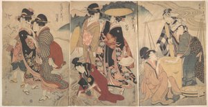 Kvinnor och en man på landet; något slags festtåg(?) av Kitagawa Utamaro