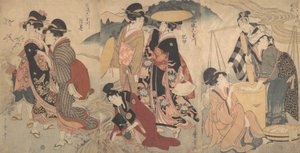 Kvinnor och en man på landet, Some pageant, sent 1700-tidigt 1800-tal. av Kitagawa Utamaro