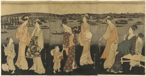 Kvinnor tittar på fyrverkerier vid Sumida River av Kitagawa Utamaro