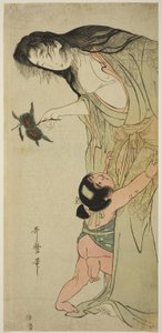 Yamauba håller kastanjer medan Kintaro sträcker sig efter dem, ca 1804-5 (träblock i färg; naga-oban) av Kitagawa Utamaro