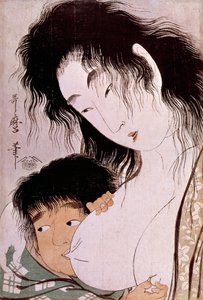 Yamauba och Kintaro: Det gamla japanska trycket av Utamaro Kitagawa (1753-1806). Sol. 0,37x0,25 m. 1801-1803. Paris, Guimet-museet, Nationalmuseet för asiatisk konst av Kitagawa Utamaro