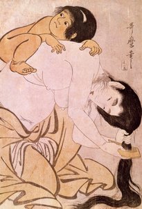 Yamauba och Kintoki Mamman kammar håret medan hon bär sitt barn på ryggen. Japanskt tryck av Utamaro Kitagawa (1753-1806). 1700-talet. Paris, Guimet Museum, Asian Arts Museum