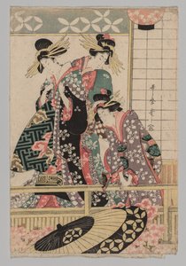 Yoshiwara kvinnor tittar in på gatan på våren av Kitagawa Utamaro