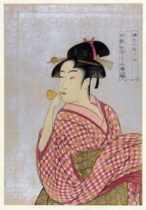 Young Woman Blowing a Glass Pipe (poppin), från serien Ten Types in the Physiognomic Study of Women par Utamaro, Kitagawa (1753-1806), ca 1792 - Färgträsnitt, 38,9x27,5 - Privat samling av Kitagawa Utamaro