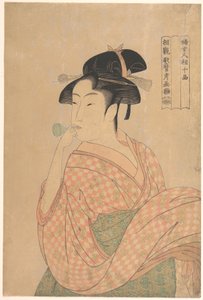 Ung kvinna som blåser i en Popen, ur serien ”Tio klasser av kvinnlig fysionomi” (Fujo ninsō juppen) av Kitagawa Utamaro