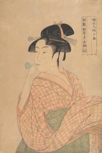 Ung kvinna som blåser ett Popen glas noisemaker..., ca. 1792-93. av Kitagawa Utamaro