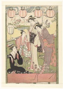 Tre kvinnor och en pojke under lyktor av Kitao Masanobu (attributed to)
