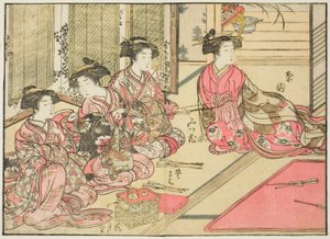 Kurtisaner från Kiriya, från boken "Mirror of Beautiful Women of the Pleasure Quarters (Seiro bijin awase sugata kagami)," vol. 2 av Kitao Shigemasa