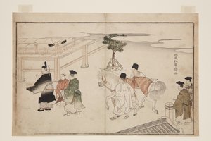Nyårspresentation av en vit häst (träblock i färg) av Kitao Shigemasa