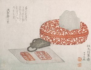Sigill och en snidad lackbehållare för sigillbläck, 1817. av Kitao Shigemasa