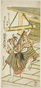 Skådespelaren Bando Hikosaburo II som Fujitaro, förklädd till färjmannen Tomokichi, i pjäsen "Shomei Mugen no Kane", uppfördes på Nakamura Theatre i den nionde månaden, 1767 av Kitao Shigemasa