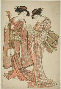 Två geishor som håller en Shamisen och en sångbok av Kitao Shigemasa