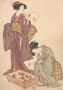 Två kvinnor som matar fisk, 1739-1820. av Kitao Shigemasa