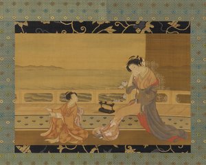 Två flickor på en balkong med utsikt över havet, Edo-perioden, 1739-1820.