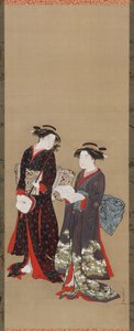 Två flickor stående, en med en öppen bok, 1615-1868. av Kitao Shigemasa
