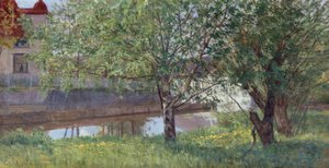 Kanalsektion med hus och träd av Kitty Lange Kielland