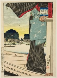 Avlägsen vy av Matsuchi Hill sett från Sumida River (Sumidagawa yori Matsuchiyama enkei) från serien "A Hundred Views of Musashi Province (Musashi hyakkei no uchi)" av Kiyochika Kobayashi