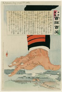 Rysk-japanska kriget 1904-1905: En enorm japansk hand som krossar Port Arthur (Lushun) 25 juli 1904. Ryssland överlämnade slutligen Port Arthur den 2 januari 1905. Kobayashi Kiyochika (1847-1915) japansk konstnär.