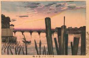 Vågbrytarstolpar och Ryogoku-bron av Kiyochika Kobayashi