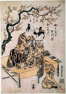 Japansk konst: en musiker ger en flöjtlecon till en ung kvinna. Tryck av Kiyohiro Torii (1737-1766) 1700-talets Paris, B.N. av Kiyohiro Torii