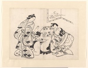 Par som älskar med flicka som ser tillbaka av Kiyonobu (I) , Torii