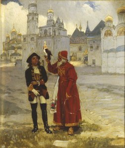 Unge Peter I. och hans falk, 1900-tal av Klavdi Vasilyevich Lebedev