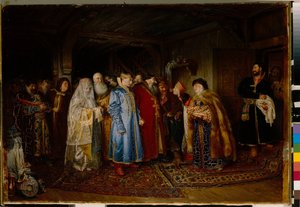 Boyarbröllop (boyar, boyar) på 1500-talet, bruden bär en kokochnik (Bojarens bröllop) - Olja på duk av Klavdi Vasilyevich Lebedev (1852-1916)