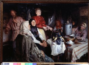 Besök i huset (Ett hembesök). Målning av Klavdi Vasilyevich Lebedev (1852-1916), olja på duk