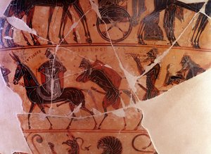 Hephaistos (Hephaestos) återkomst i Olympen - detalj av pannan, främre B nedre register - 