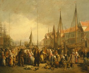 Fiskmarknad i Bergen av Knud Bergslien, Norge 1800-talet