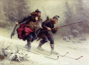 Soldater för den norske kungen Sverre, Torstein Skevla och Skjervald Skrukka bär kungasonen Håkon Håkonsson