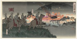 De kraftiga slag vid Asan, tillval via de Ansung rivier Gazan gekisen Anjô no watashi shingeki no zu av Kobayashi Kiyochika