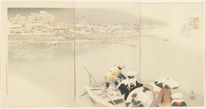 Februari: Matsuchiyanma Hill i skymningen i snö, mars 1896 av Kobayashi Kiyochika