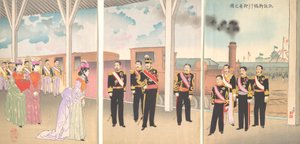 Illustration av kejsarens ankomst till Shinbashi Station efter en segergång..., 1895.