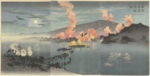 Nattattack av våra väpnade styrkor på det kinesiska lägret i Pyongyang. Wagagun Heijo no seiei o osou (titel på objekt) av Kobayashi Kiyochika