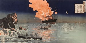 Räddning från ett brinnande krigsfartyg. En scen från kriget mellan Kina och Japan av Kobayashi Kiyochika