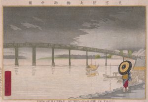 Vy över regn vid Shin-Ōhashi i Tōkei av Kobayashi Kiyochika