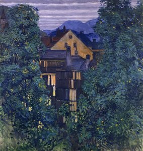 Översikt över Payerbach, i bakgrunden Rax; Vy genom Payerbach, i bakgrunden Rax, ca 1912-1913 av Koloman Moser