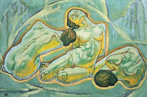 Drei kauernde Frauen - Tre hukande kvinnor ... (målning på duk) av Koloman Moser