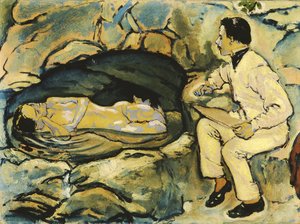 Självporträtt, teckning med sjöjungfru i klippgrottan, 1914. av Koloman Moser